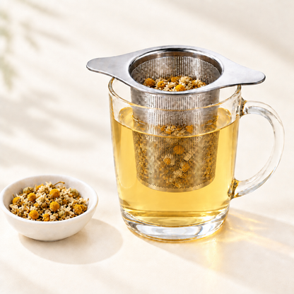 Lichte kamille-infusie in glas met filter en schaaltje gedroogde kamillebloesems