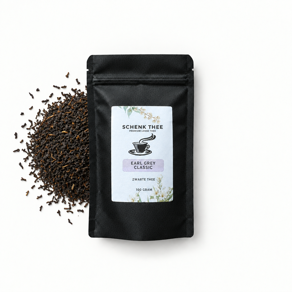 Schenk Thee Earl Grey Classic verpakking met losse zwarte thee links