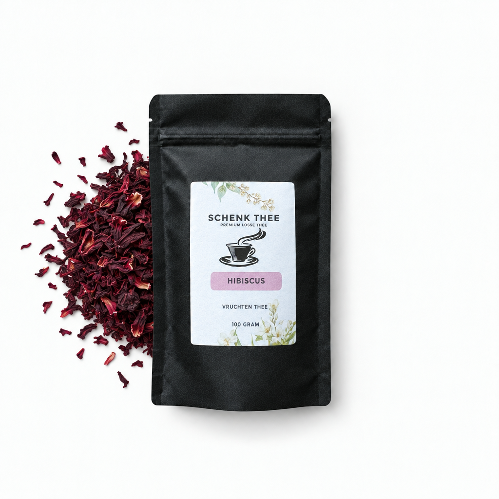 Schenk Thee Hibiscus verpakking 100 gram met gedroogde hibiscus