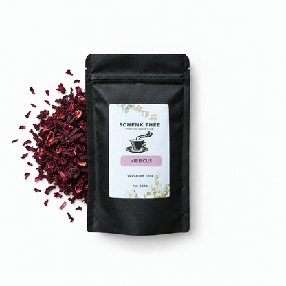 Schenk Thee Hibiscus verpakking 100 gram met gedroogde hibiscus