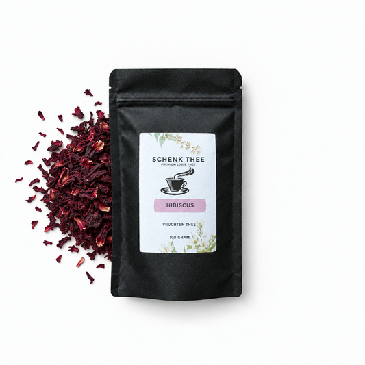 Schenk Thee Hibiscus verpakking 100 gram met gedroogde hibiscus