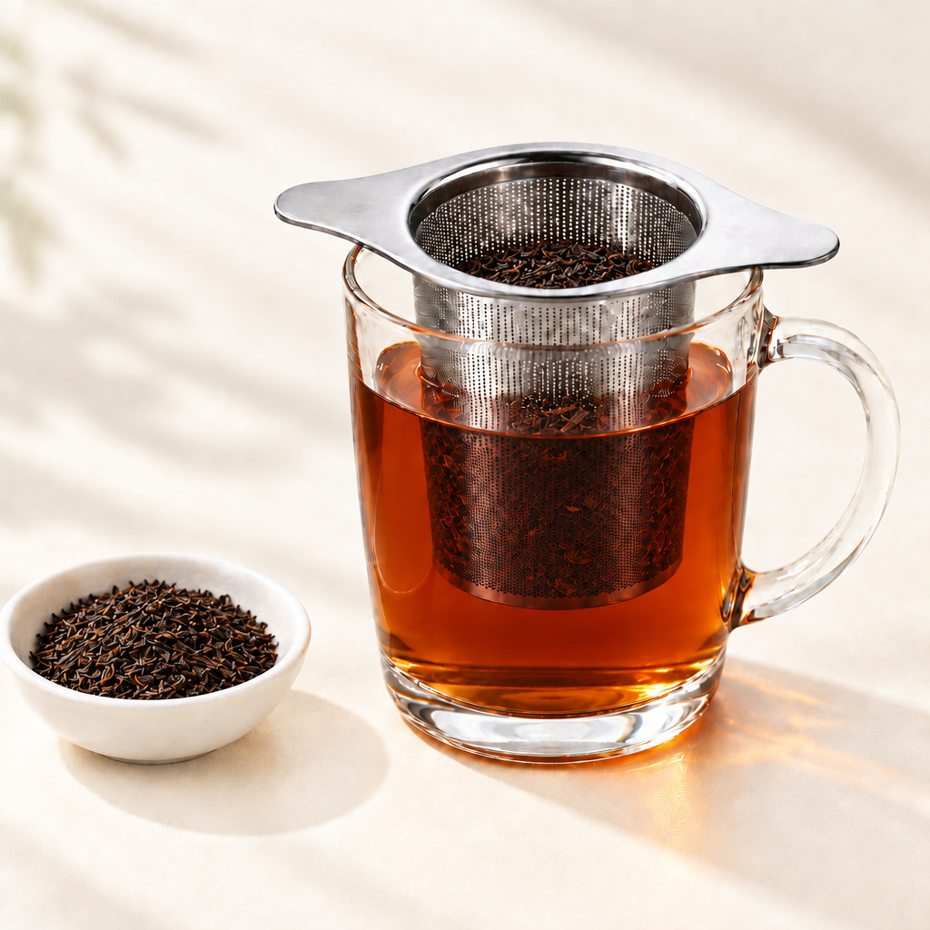 Glas Earl Grey zwarte thee met filter en schaaltje losse zwarte thee
