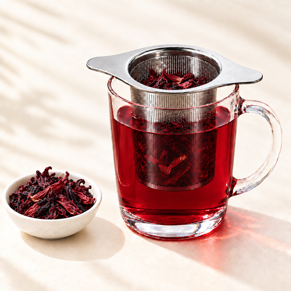 Dieprode hibiscusinfusie in glas met filter en schaaltje gedroogde hibiscus