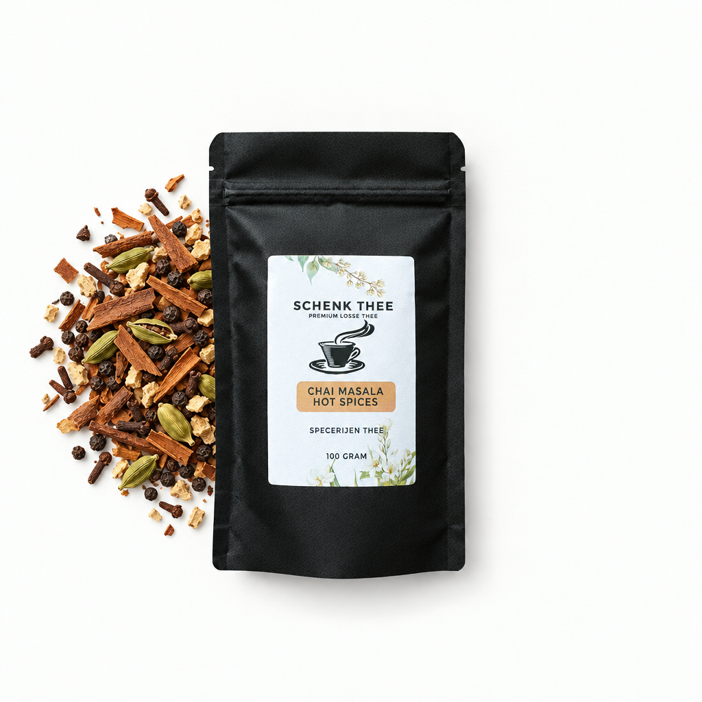 Schenk Thee Chai Masala Hot Spices verpakking 100 gram met kaneel, kardemom, peper, kruidnagel en gember