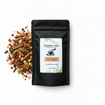 Schenk Thee Chai Masala Hot Spices verpakking 100 gram met kaneel, kardemom, peper, kruidnagel en gember