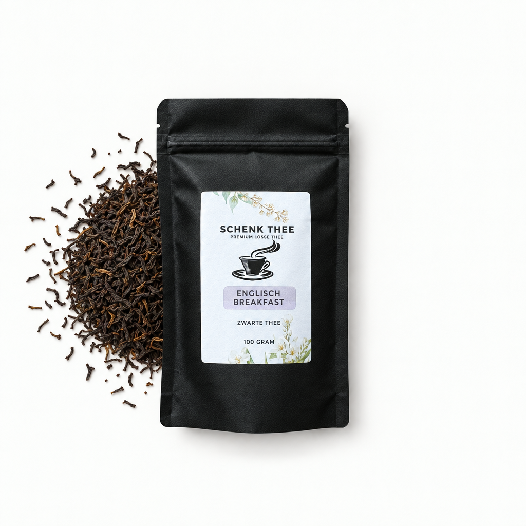 Schenk Thee English Breakfast verpakking met losse zwarte thee links