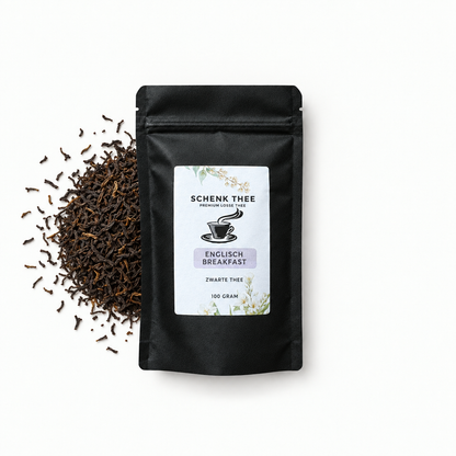 Schenk Thee English Breakfast verpakking met losse zwarte thee links