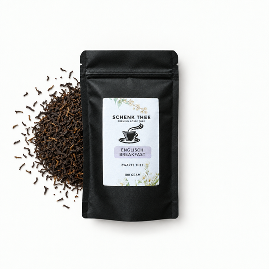 Schenk Thee English Breakfast verpakking met losse zwarte thee links