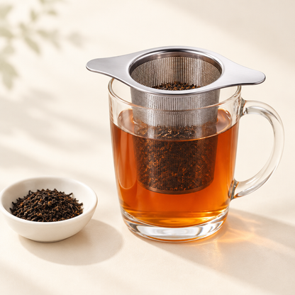 Glazen kop met het losse zwarte thee-infuserfilter dat de klant liet zien, naast losse zwarte thee