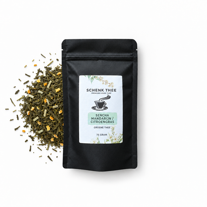 Sencha Mandarijn / Citroengras verpakking met losse groene thee links