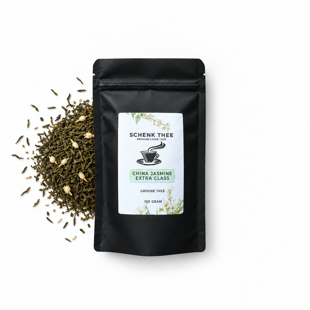 China Jasmine Extra Class verpakking met losse groene jasmijnthee links
