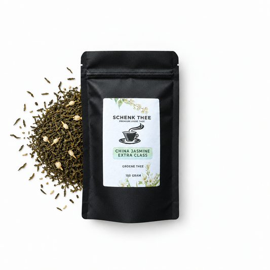 China Jasmine Extra Class verpakking met losse groene jasmijnthee links