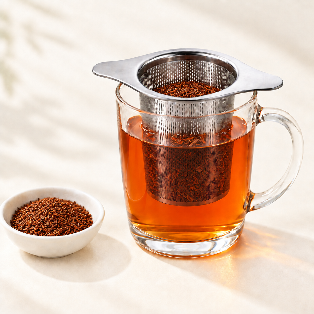 Rooibosthee in glas met filter en losse rooibos