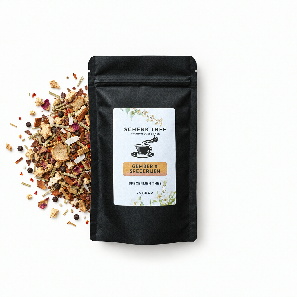 Schenk Thee Gember & Specerijen verpakking 75 gram naast losse specerijenmelange