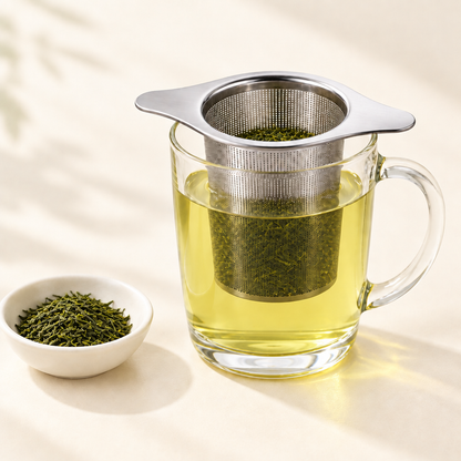 Groene China Sencha-thee die trekt in een glazen filter.