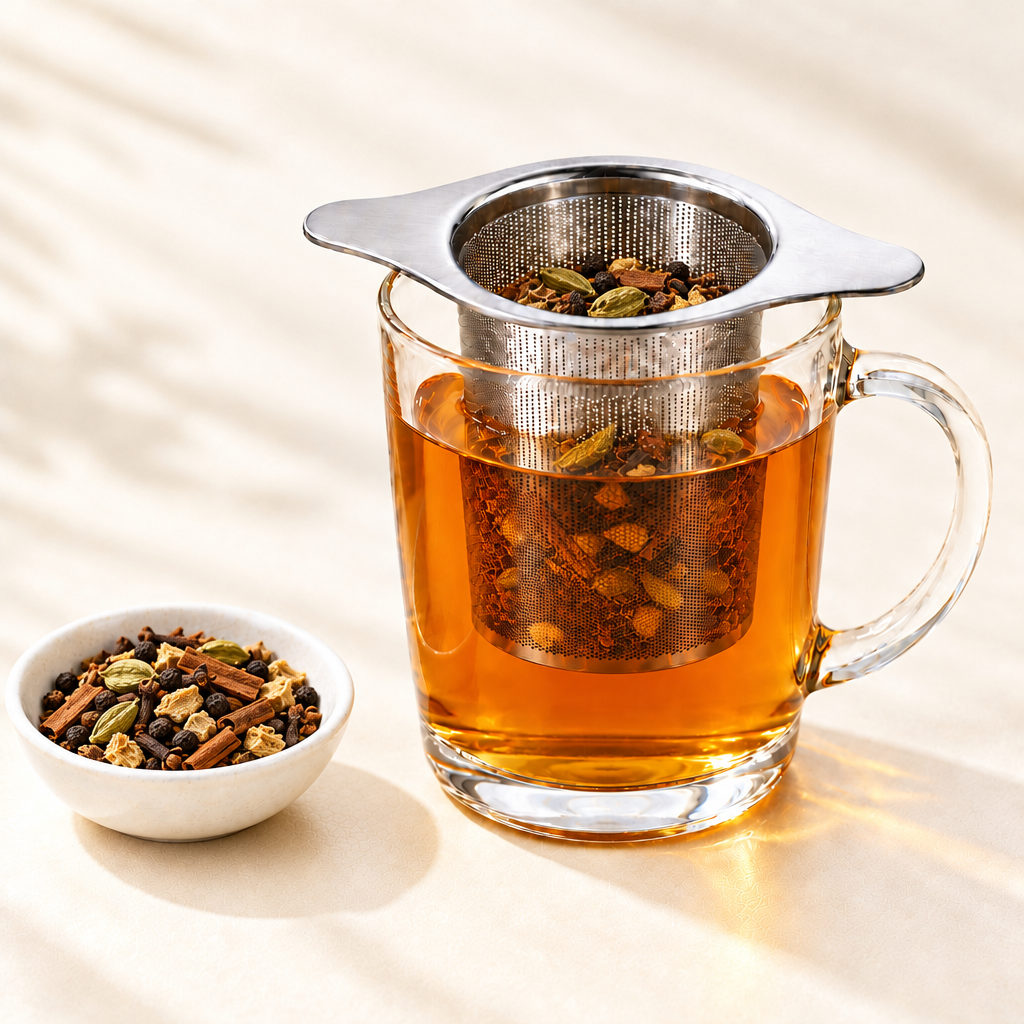 Chai Masala Hot Spices in glazen kop met theefilter en schaaltje specerijen